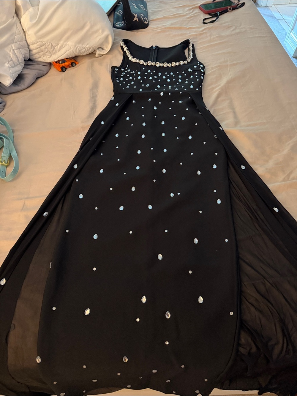 Black Crystal-Embellished Prom Dress with Pearl Neckline